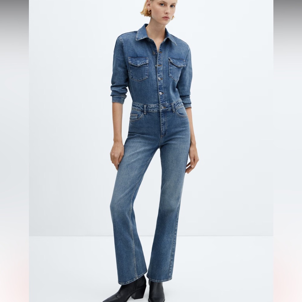 Mango Soft Denim Jumpsuit in Blue Cotton Long Sleeve Buttons